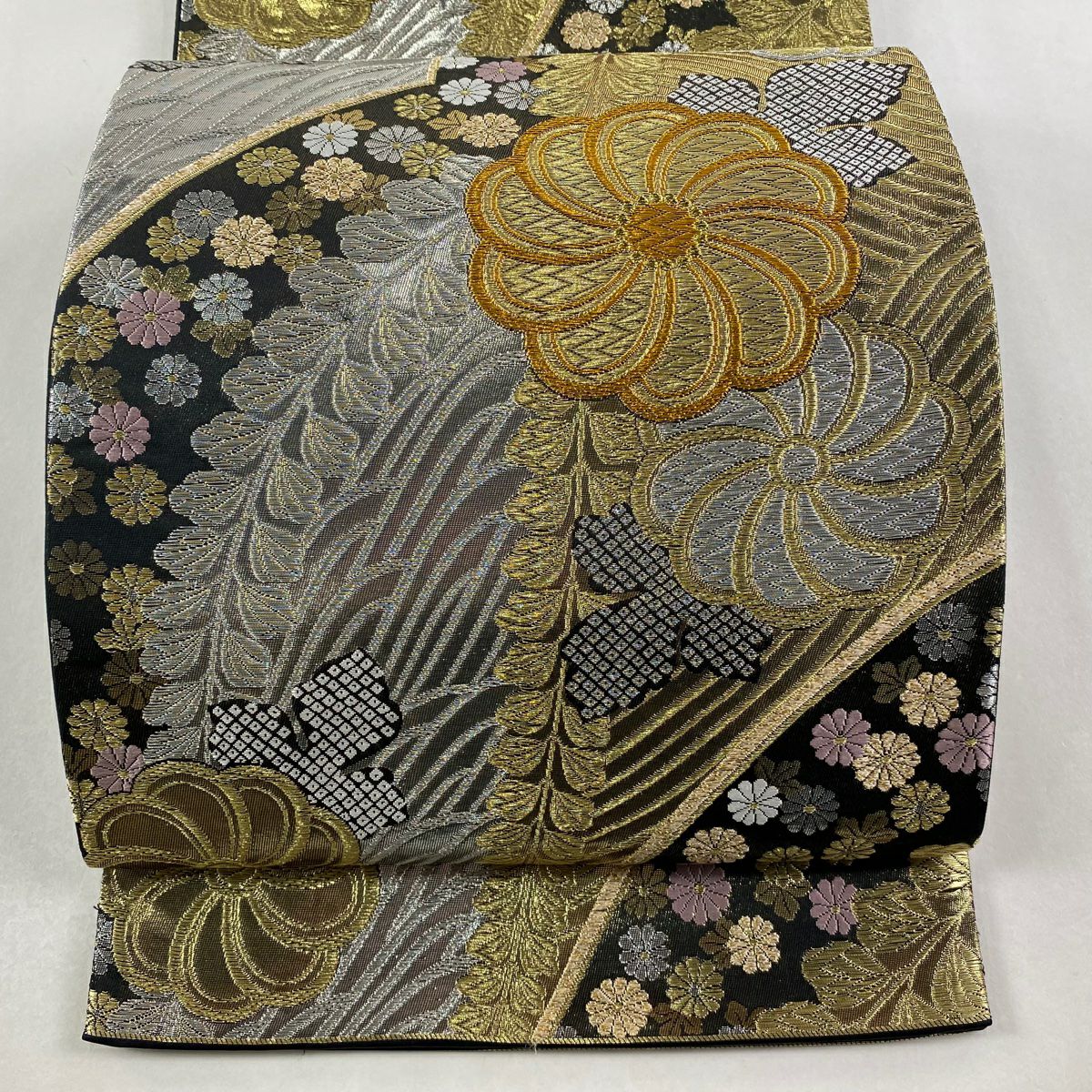 袋帶 秀品級 草花紋紋 菊花花 金銀彩 唐織 黑 六通 純蠶絲
