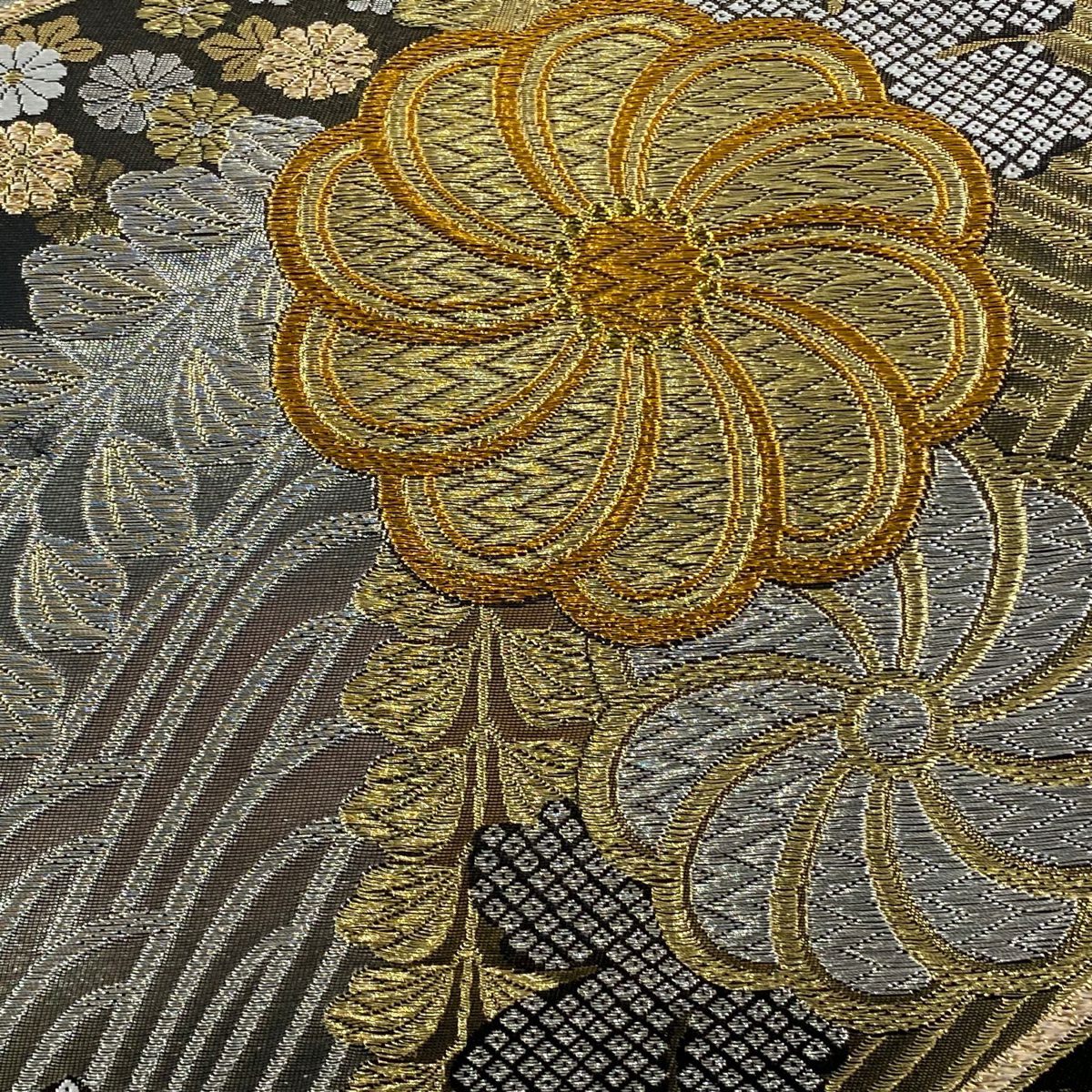 袋帶 秀品級 草花紋紋 菊花花 金銀彩 唐織 黑 六通 純蠶絲