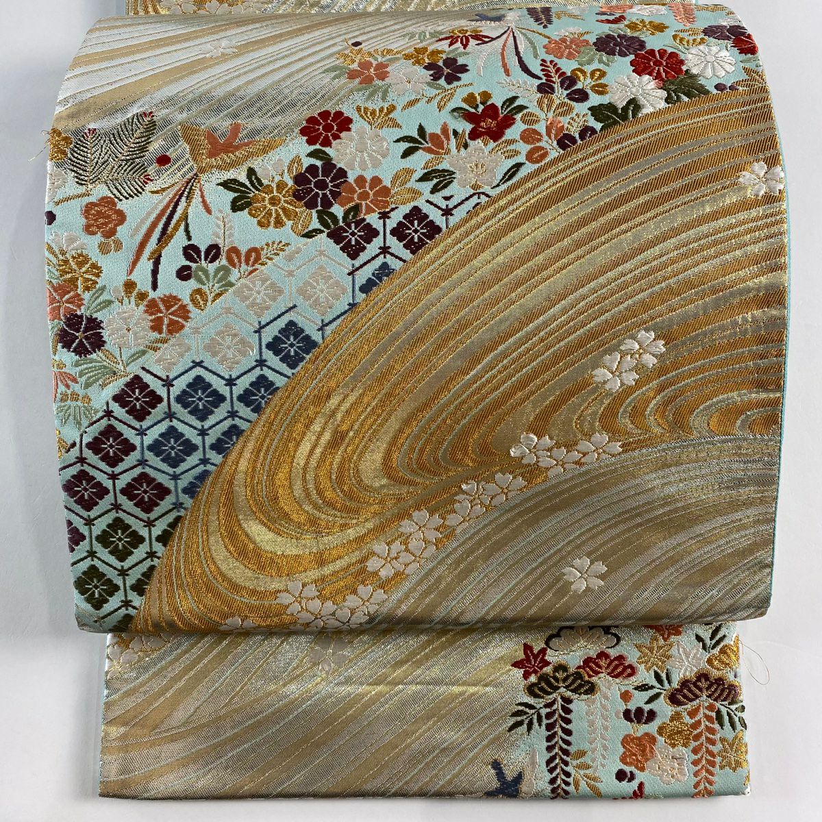 袋帶 秀品級 草花紋紋 花菱刺繡 金金箔 淺綠 六通 純蠶絲