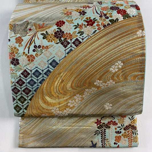 袋帶 秀品級 草花紋紋 花菱刺繡 金金箔 淺綠 六通 純蠶絲