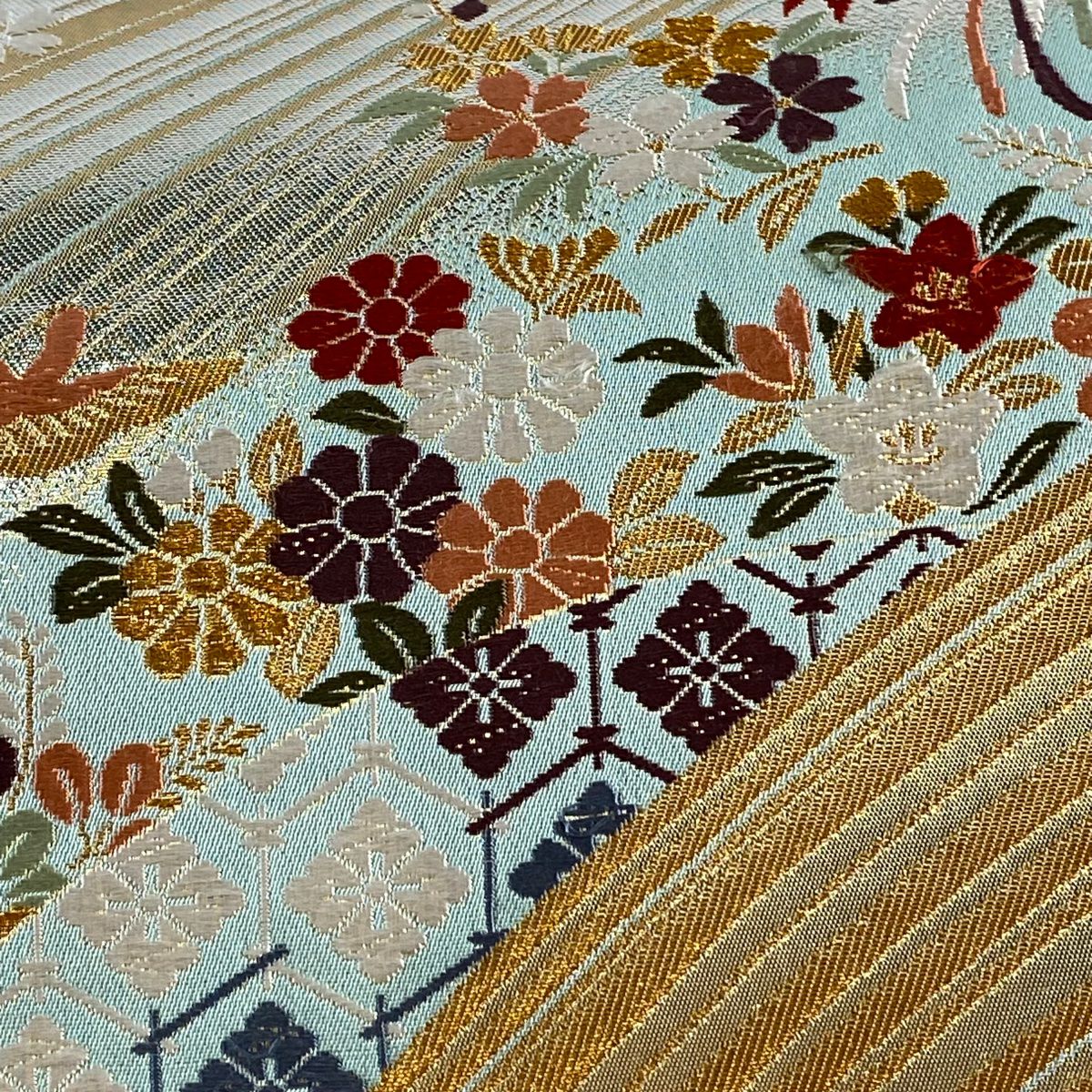袋帶 秀品級 草花紋紋 花菱刺繡 金金箔 淺綠 六通 純蠶絲