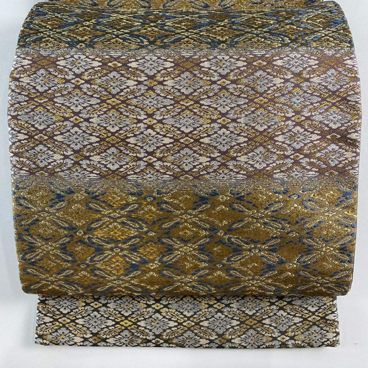 【美品】 袋帶 秀品級 證書齊全 花菱 葉紋 金絲 金金箔 灰綠 六通 純蠶絲