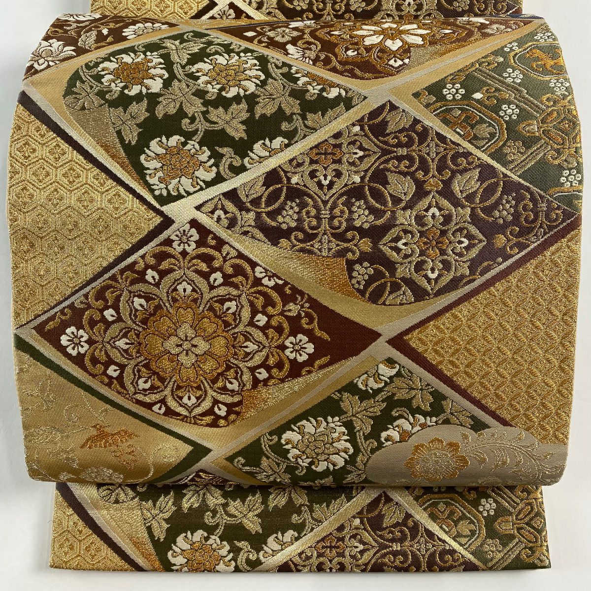 【美品】 袋帶 秀品級 華紋 花唐草紋 金絲 金金箔 金色 六通 純蠶絲