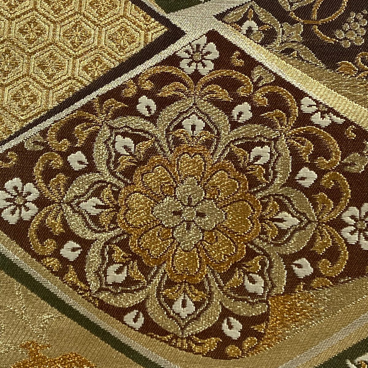 【美品】 袋帶 秀品級 華紋 花唐草紋 金絲 金金箔 金色 六通 純蠶絲