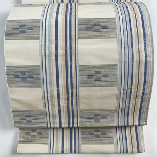 【美品】 袋帶 名古屋帶 秀品級 條紋 幾何圖案 奶油色 純蠶絲
