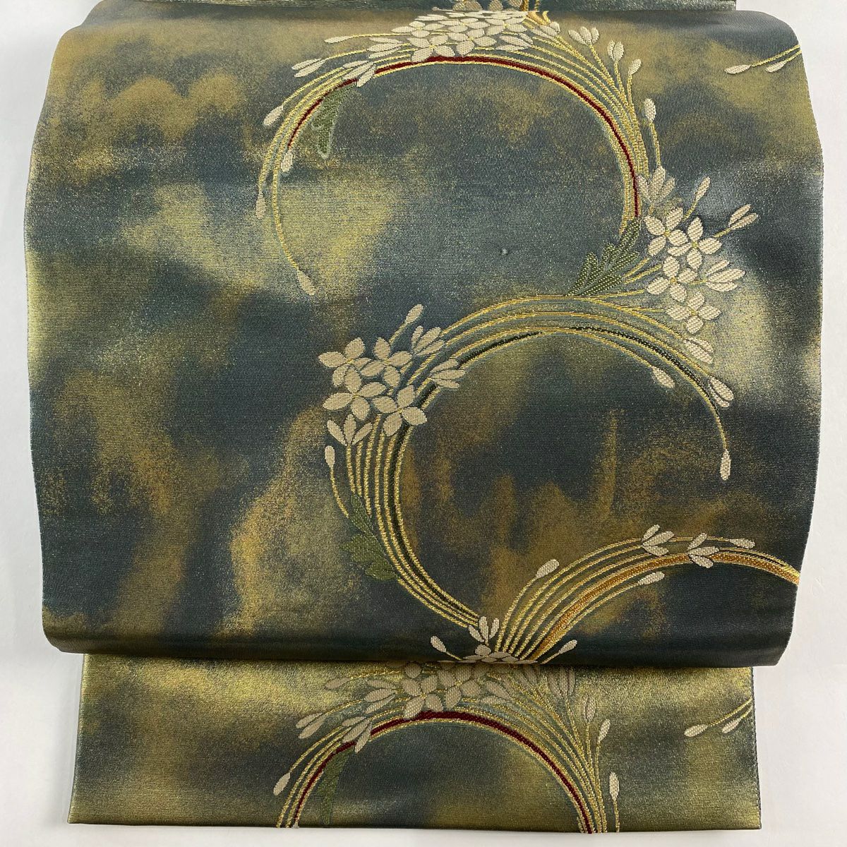 袋帶 秀品級 大和 草花紋紋 霞 金金箔 深綠 六通 純蠶絲