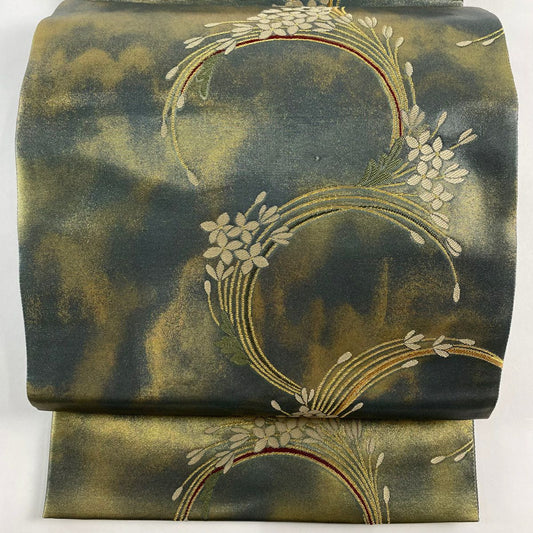 袋帶 秀品級 大和 草花紋紋 霞 金金箔 深綠 六通 純蠶絲