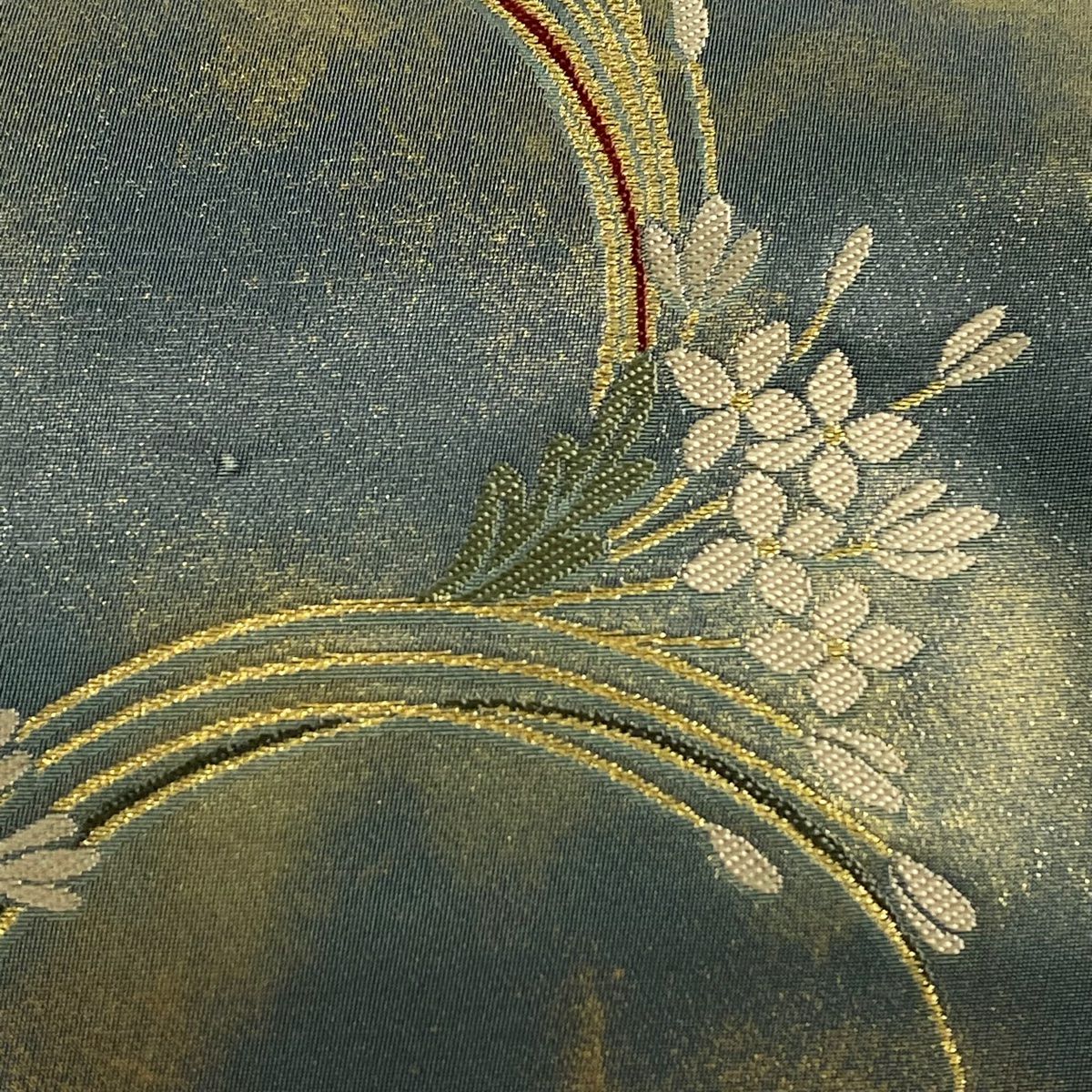 袋帶 秀品級 大和 草花紋紋 霞 金金箔 深綠 六通 純蠶絲