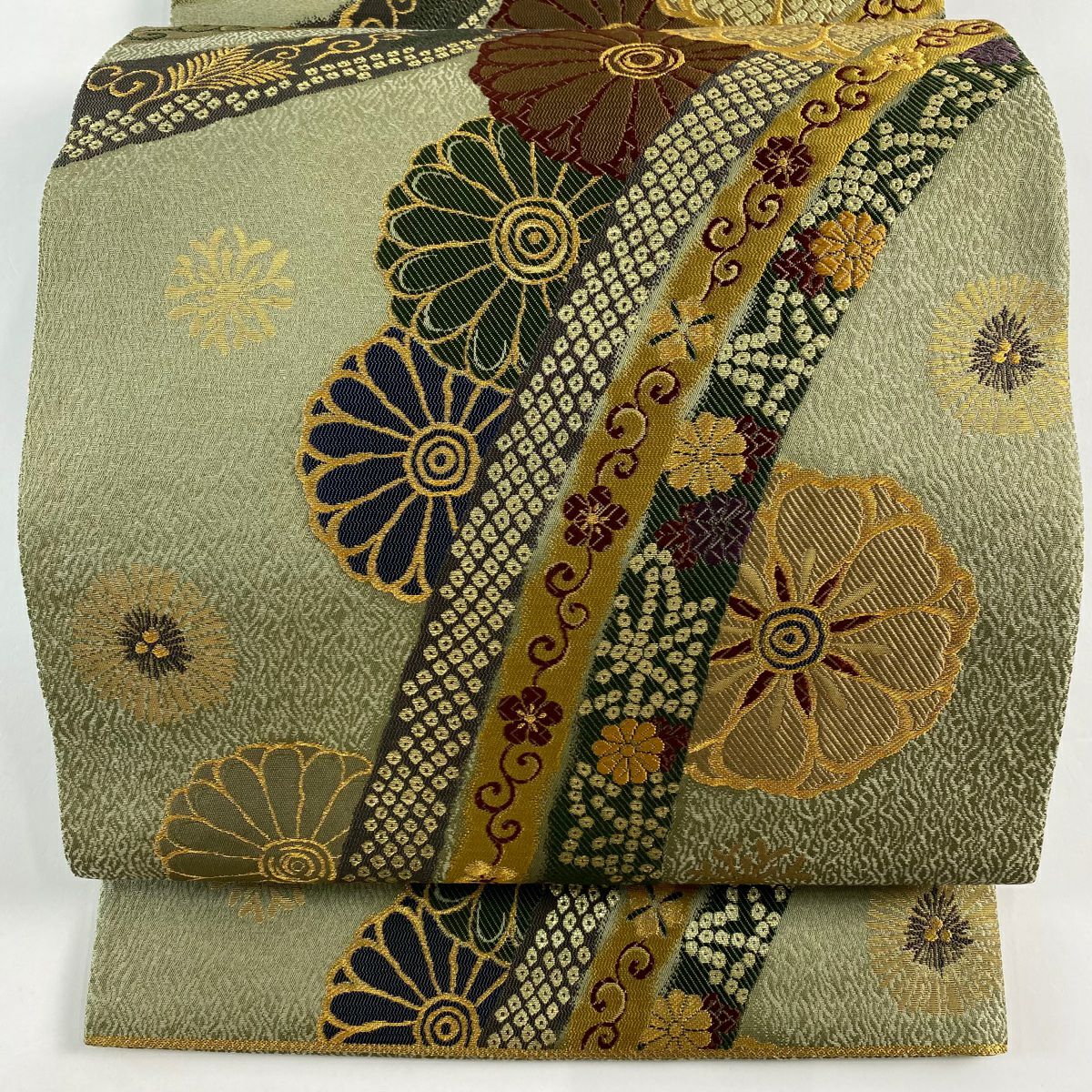 【美品】 袋帶 秀品級 熨斗紋目桃山紋樣 金金箔 鶯 綠 六通 純蠶絲