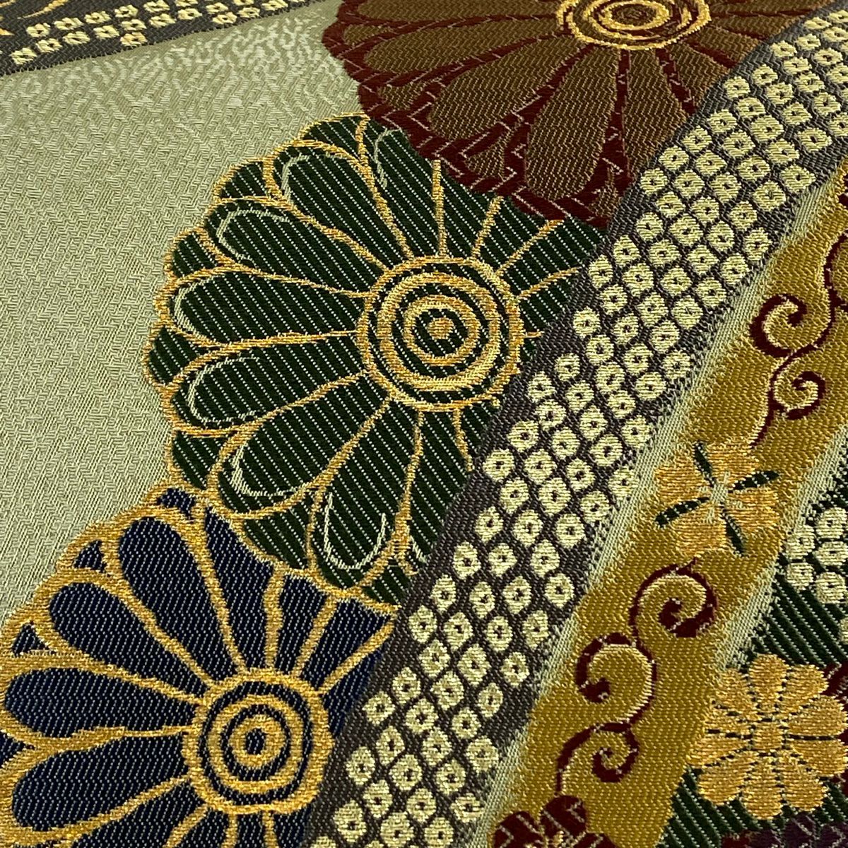 【美品】 袋帶 秀品級 熨斗紋目桃山紋樣 金金箔 鶯 綠 六通 純蠶絲