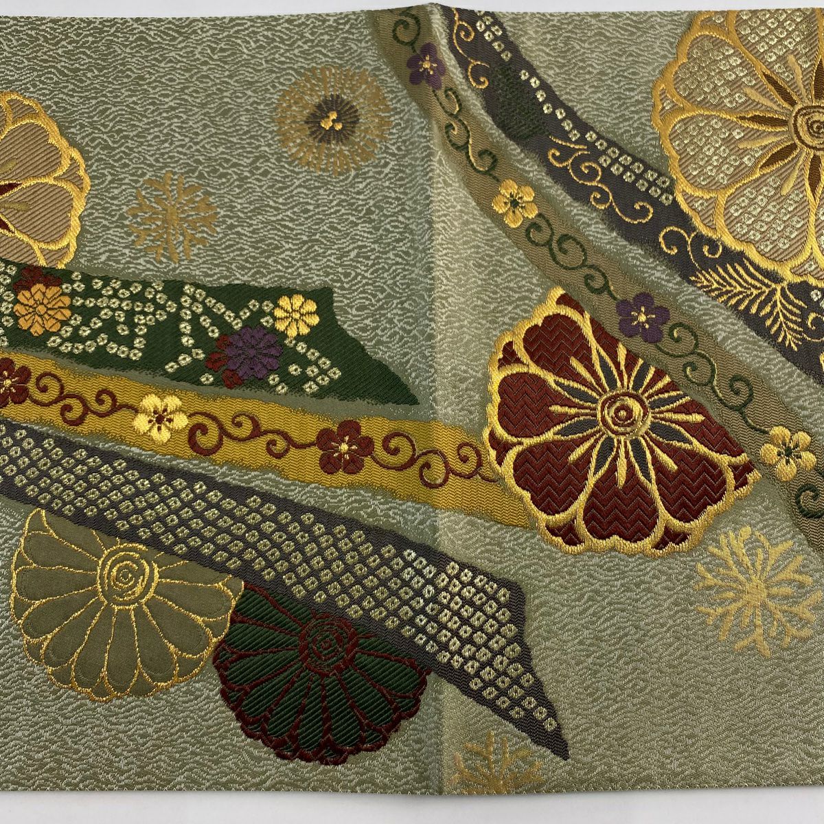 【美品】 袋帶 秀品級 熨斗紋目桃山紋樣 金金箔 鶯 綠 六通 純蠶絲