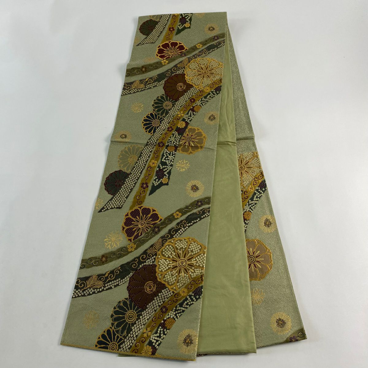 【美品】 袋帶 秀品級 熨斗紋目桃山紋樣 金金箔 鶯 綠 六通 純蠶絲