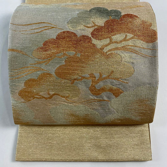 袋帶 秀品級 關西仕立 紅松樹 雲文 金金箔 金色 大鼓圖案 純蠶絲
