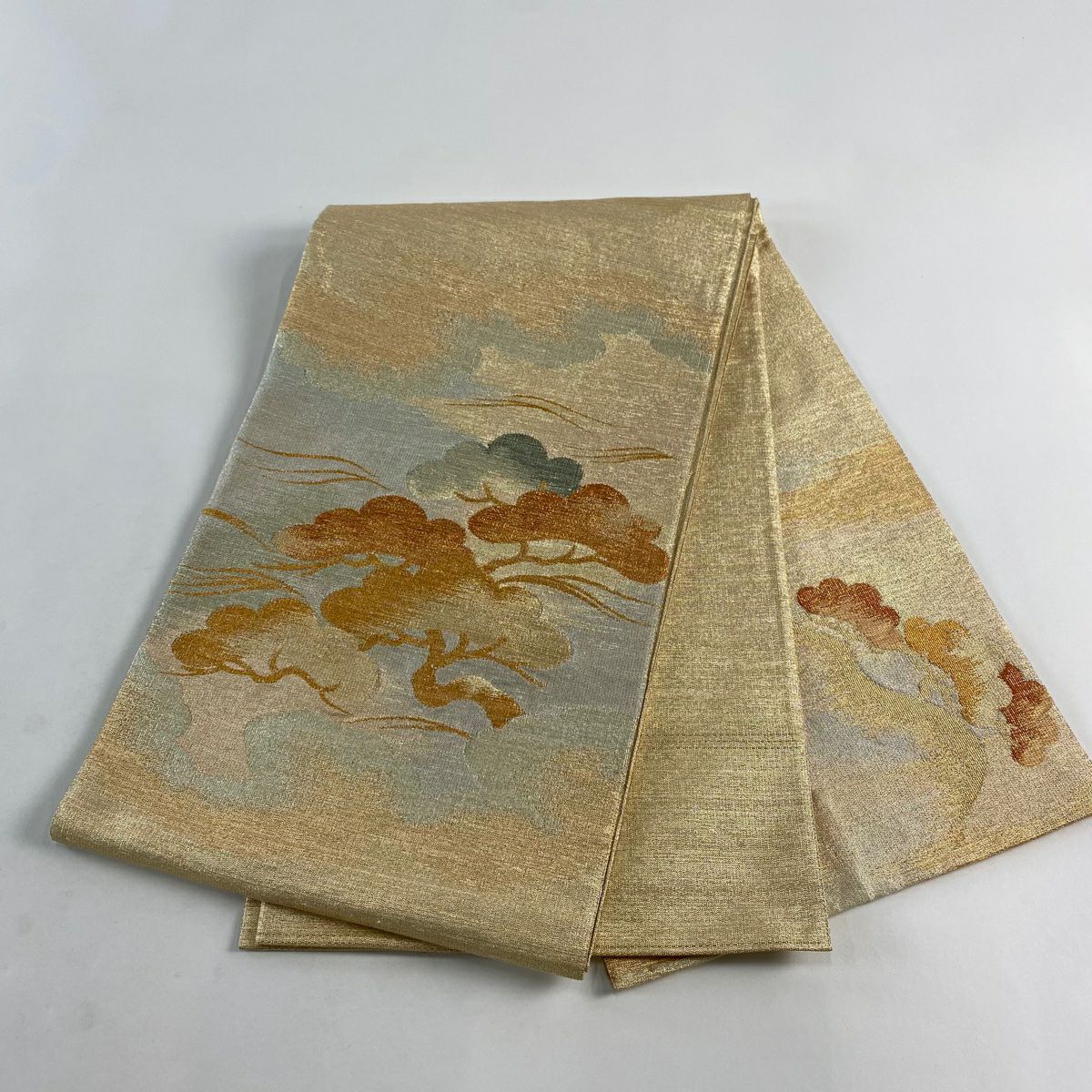 袋帶 秀品級 關西仕立 紅松樹 雲文 金金箔 金色 大鼓圖案 純蠶絲
