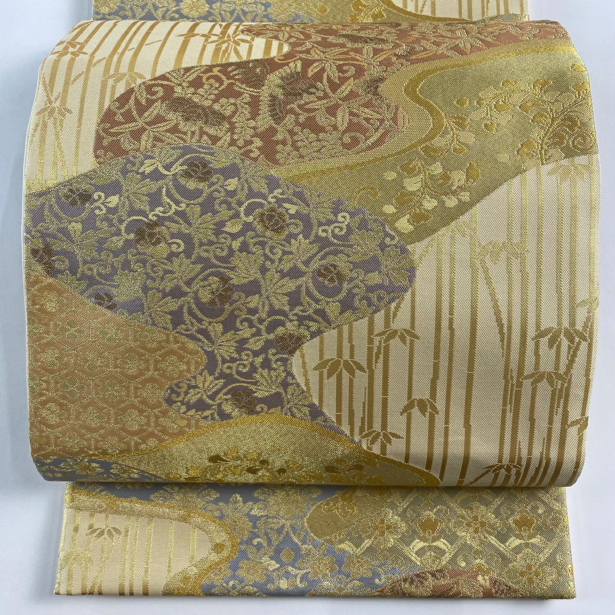 【美品】 袋帶 秀品級 花鳥 竹子 金金箔 米色 六通 純蠶絲