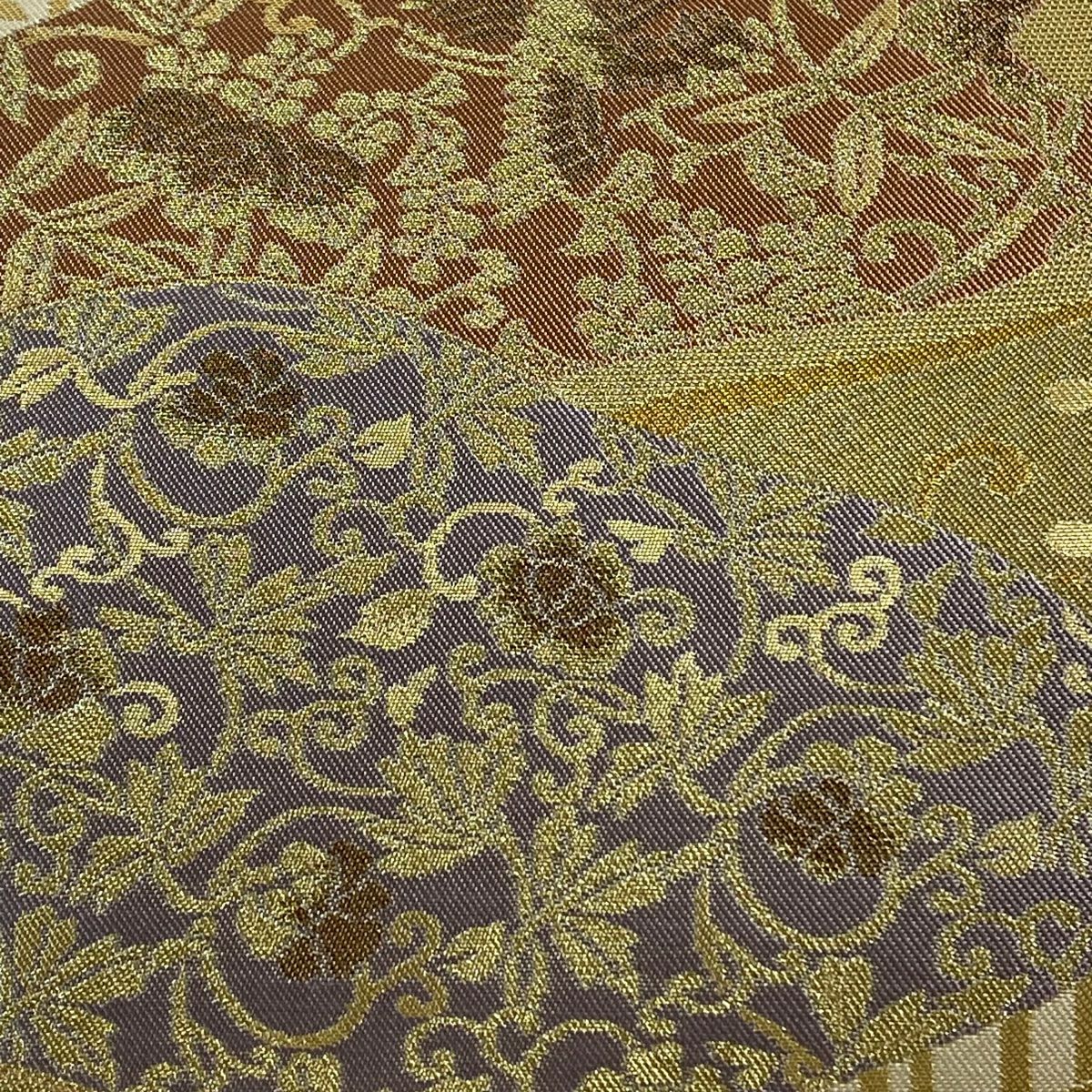 【美品】 袋帶 秀品級 花鳥 竹子 金金箔 米色 六通 純蠶絲