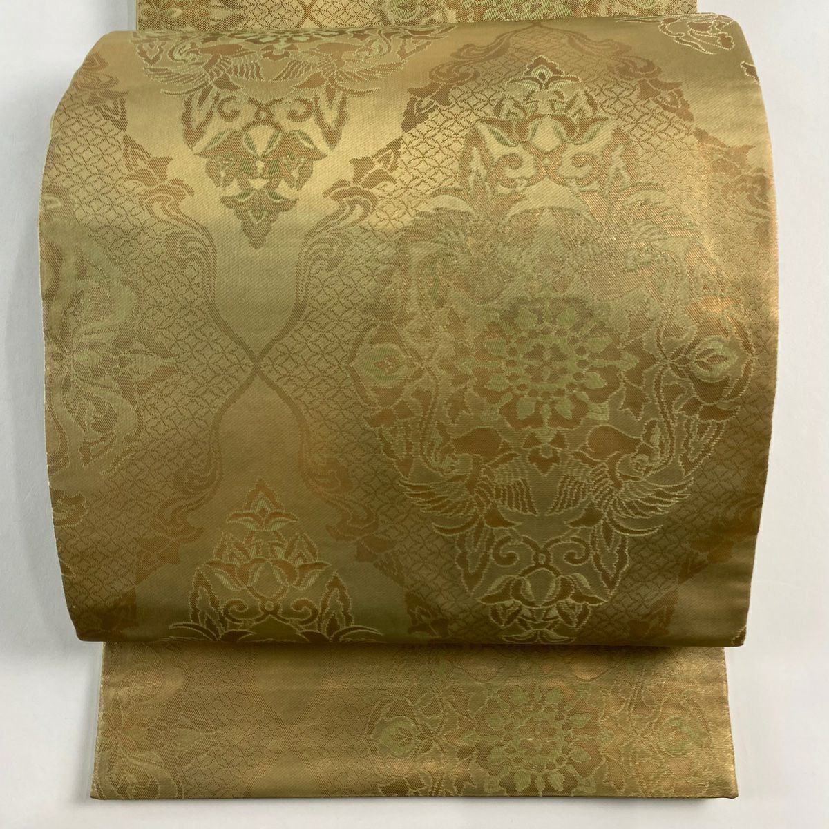 【美品】 袋帶 秀品級 落款あり 本家加納 華紋 鳥 金金箔 茶綠 六通 純蠶絲