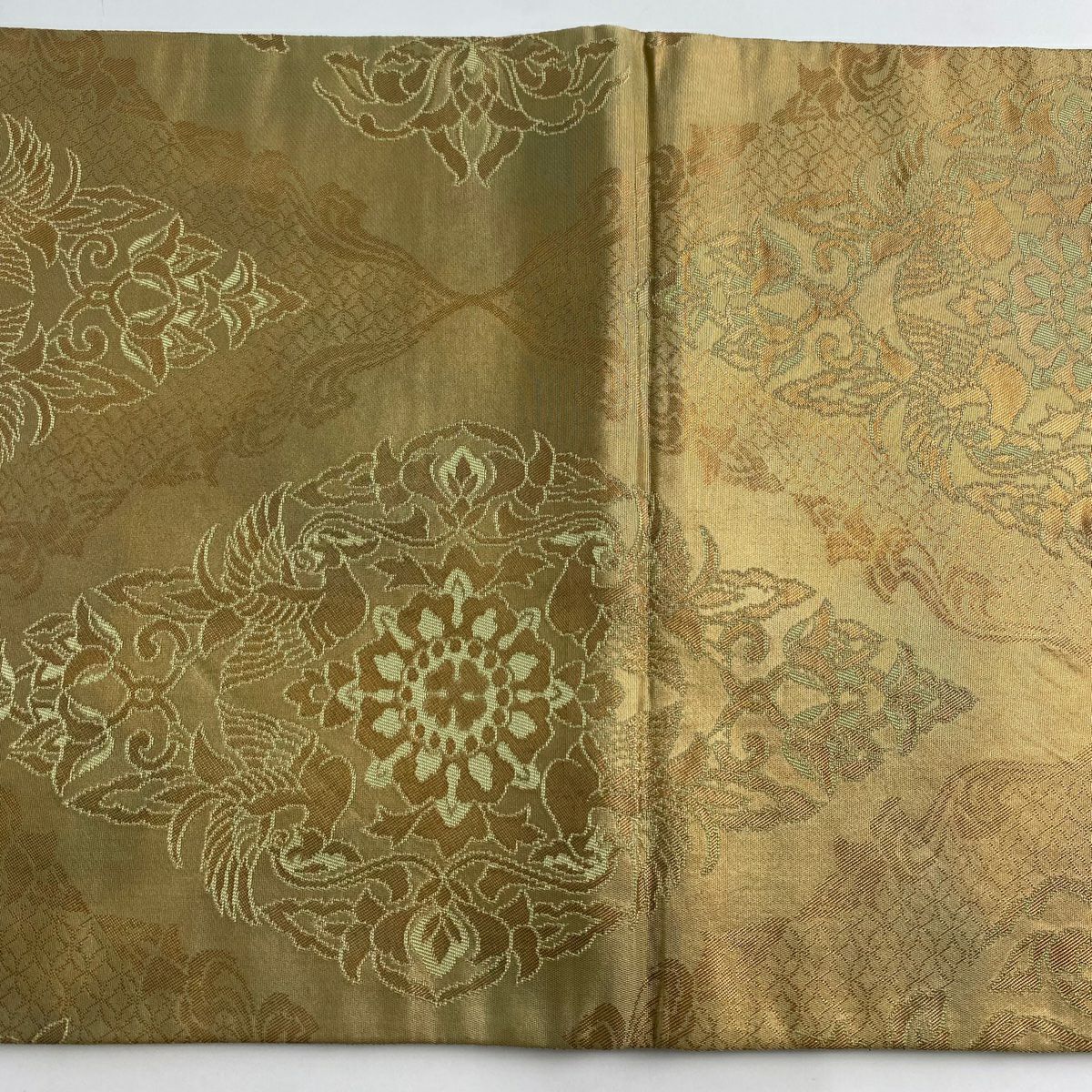 【美品】 袋帶 秀品級 落款あり 本家加納 華紋 鳥 金金箔 茶綠 六通 純蠶絲