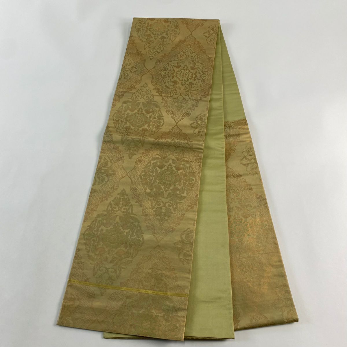 【美品】 袋帶 秀品級 落款あり 本家加納 華紋 鳥 金金箔 茶綠 六通 純蠶絲