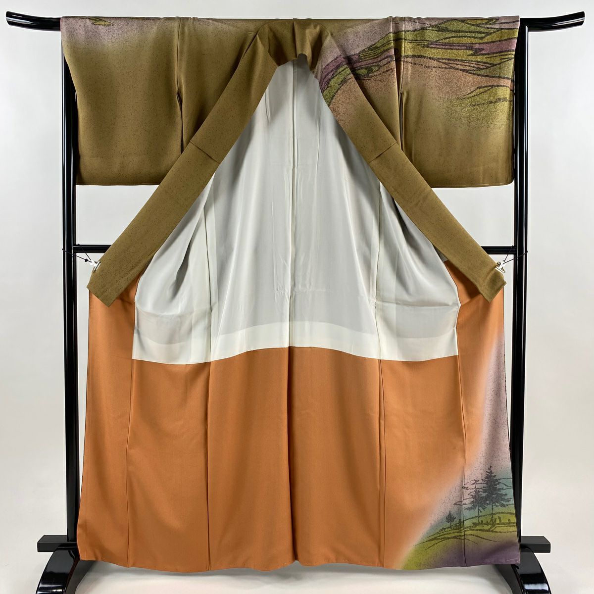 【美品】訪問服 身長163.5cm 袖長67cm M 雙層 落款あり 水邊的風景 雲紋 金銀彩 山吹茶 純蠶絲 秀品級 一つ紋