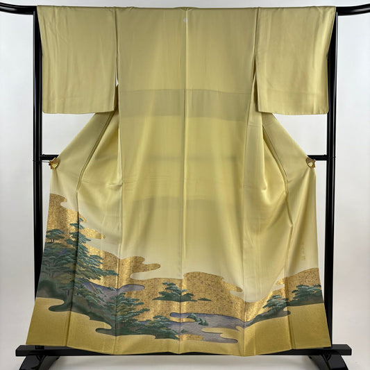 【美品】 留袖禮服禮服 身長159cm 袖長65.5cm M 雙層 落款あり 松樹 霞 金糸 薄黃 純蠶絲 秀品級 一つ紋