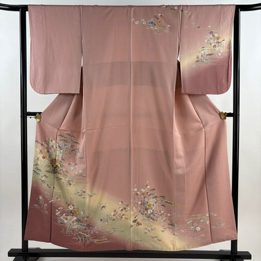 訪問服 身長154cm 袖長63cm S 雙層 誰袖 草花紋紋 金絲 金銀彩 粉紅 純蠶絲 秀品級