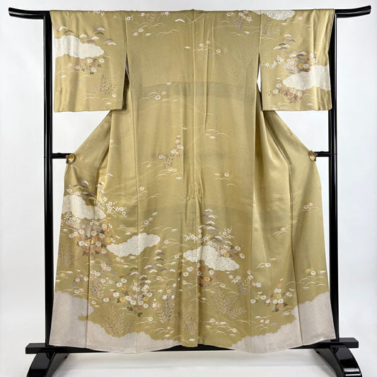 訪問服 身長156cm 袖長65cm M 雙層 雲文 菊花 金絲 金銀彩 山吹茶 純蠶絲 秀品級