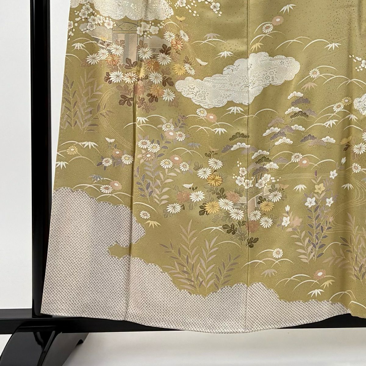 訪問服 身長156cm 袖長65cm M 雙層 雲文 菊花 金絲 金銀彩 山吹茶 純蠶絲 秀品級