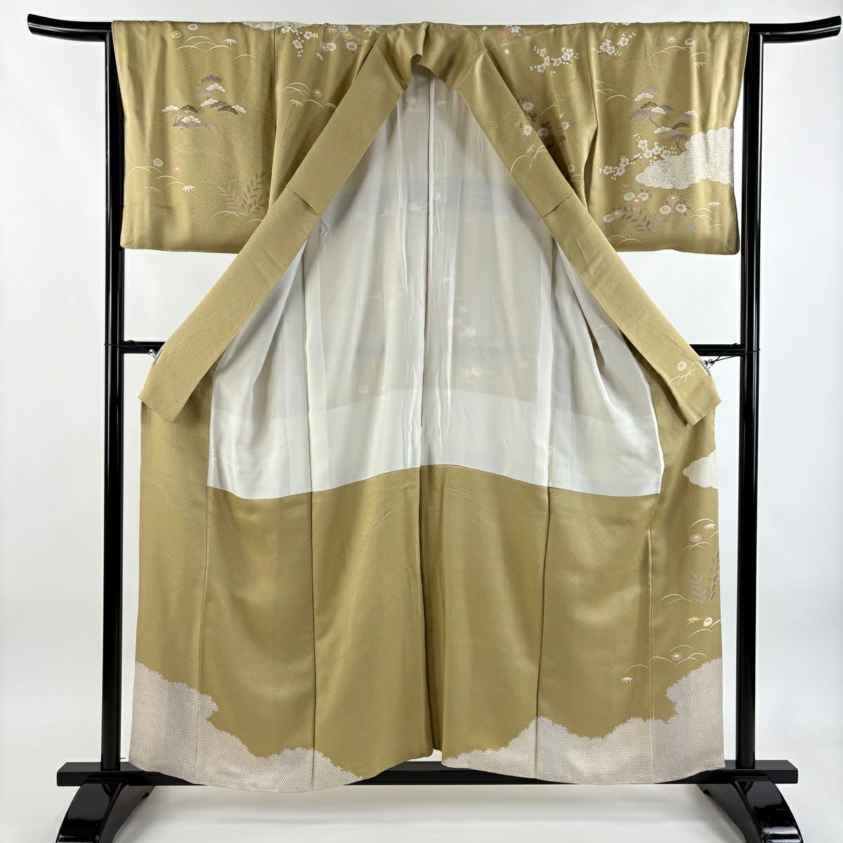 訪問服 身長156cm 袖長65cm M 雙層 雲文 菊花 金絲 金銀彩 山吹茶 純蠶絲 秀品級