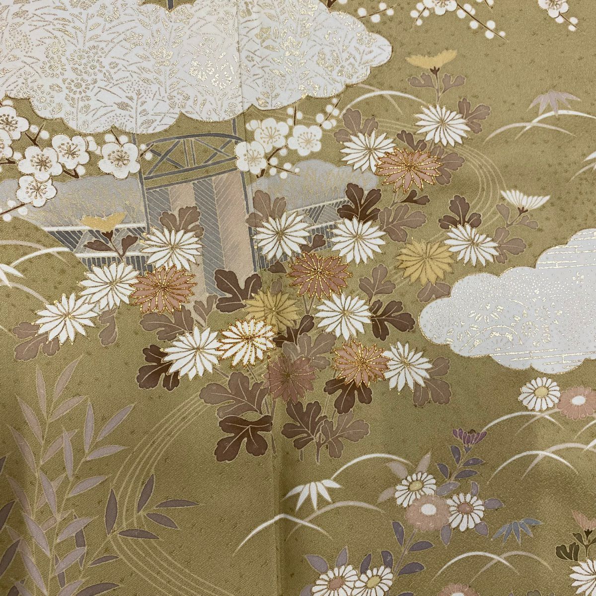 訪問服 身長156cm 袖長65cm M 雙層 雲文 菊花 金絲 金銀彩 山吹茶 純蠶絲 秀品級