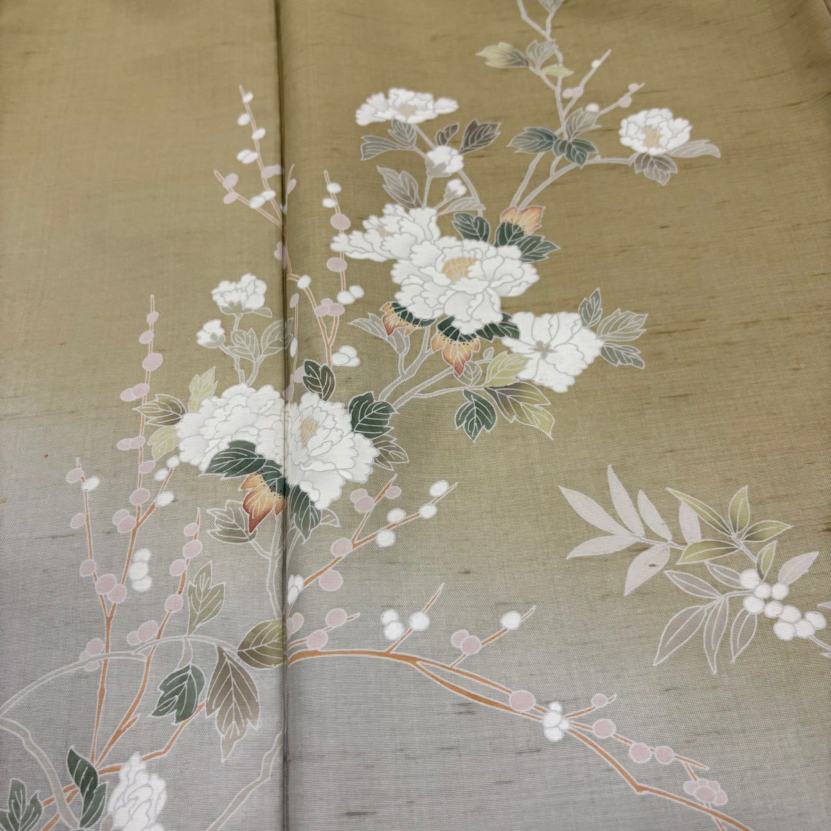 訪問服 身長161cm 袖長64cm M 雙層 紬織織 枝花 葉與果實 漸層 淡黃土色 純蠶絲 優品級