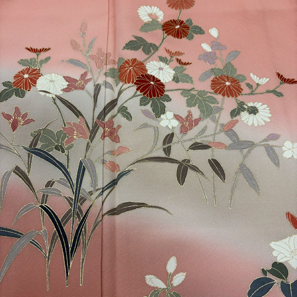 【美品】訪問服 身長161.5cm 袖長63cm S 雙層 菊花 桔梗 金銀彩 漸層 鮭粉色 純蠶絲 秀品級