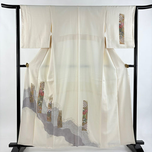 付下 身長160cm 袖長62.5cm S 雙層 短冊 草花紋紋 金銀彩 絞染 奶油色 純蠶絲 優品級