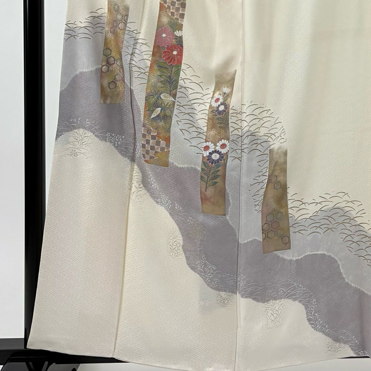 付下 身長160cm 袖長62.5cm S 雙層 短冊 草花紋紋 金銀彩 絞染 奶油色 純蠶絲 優品級