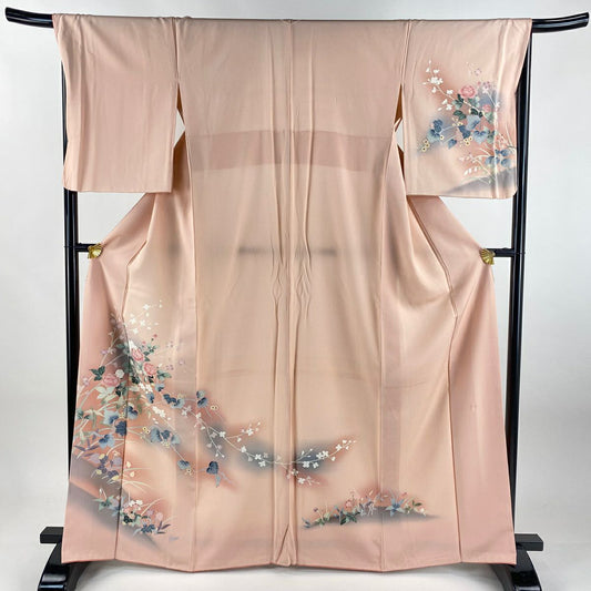 【美品】訪問服 身長164cm 袖長68cm L 雙層 草花紋紋 染分 漸層 淺粉色 純蠶絲 優品級