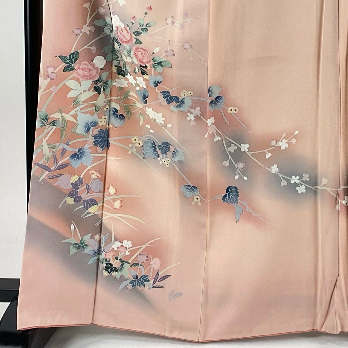 【美品】訪問服 身長164cm 袖長68cm L 雙層 草花紋紋 染分 漸層 淺粉色 純蠶絲 優品級
