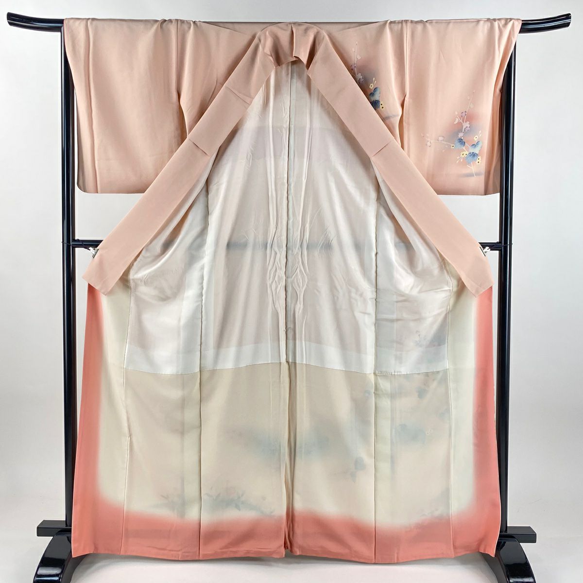 【美品】訪問服 身長164cm 袖長68cm L 雙層 草花紋紋 染分 漸層 淺粉色 純蠶絲 優品級