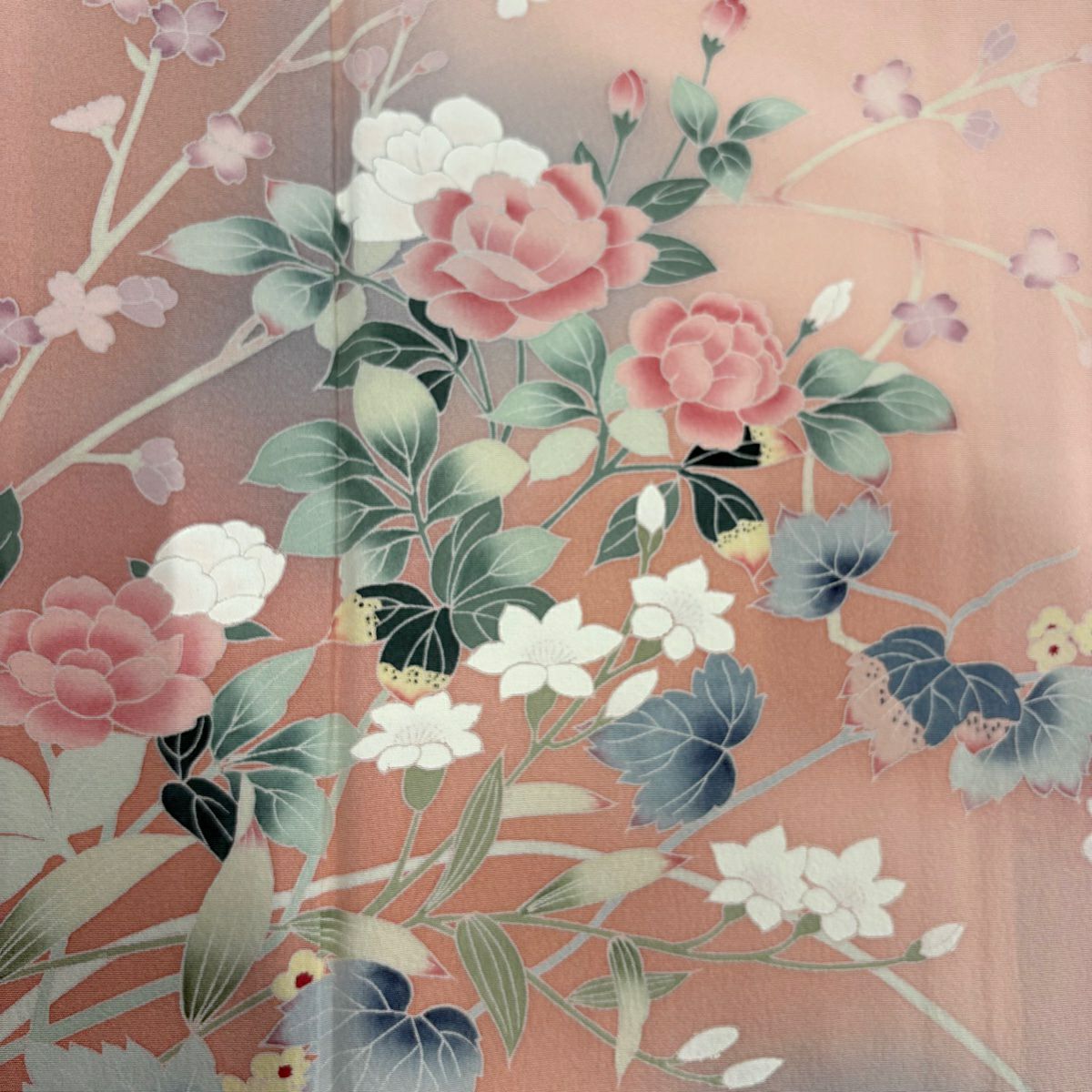 【美品】訪問服 身長164cm 袖長68cm L 雙層 草花紋紋 染分 漸層 淺粉色 純蠶絲 優品級