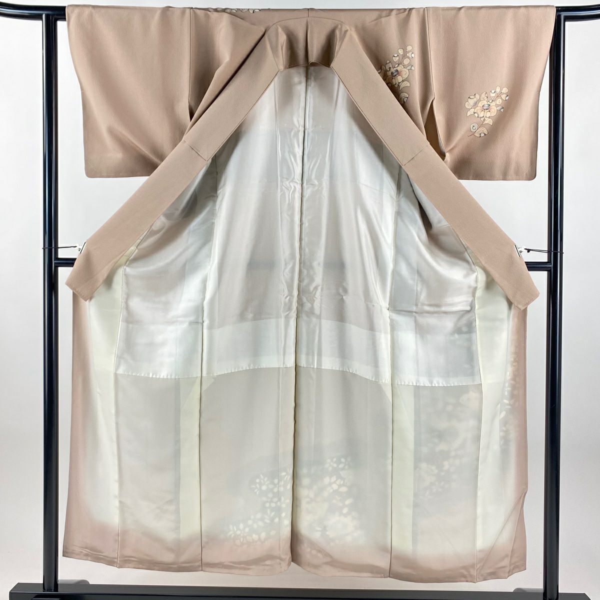 付下 身長153cm 袖長62cm S 雙層 椿 流水 染分 粉米色 純蠶絲 優品級