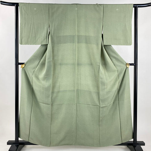 【美品】 江戶小紋 身長158cm 袖長62cm S 雙層 落款あり 鮫 よもぎ色 純蠶絲 秀品級 三つ紋