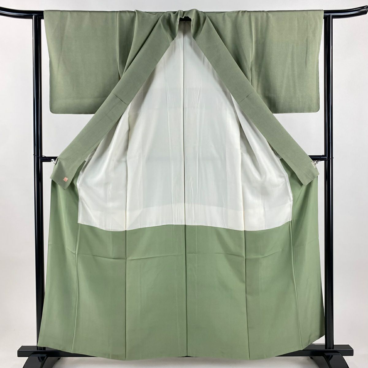 【美品】 江戶小紋 身長158cm 袖長62cm S 雙層 落款あり 鮫 よもぎ色 純蠶絲 秀品級 三つ紋