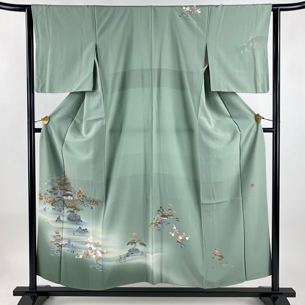 【美品】訪問服 身長153cm 袖長63cm S 雙層 落款あり 建物 松樹竹子梅花 漸層 灰綠 純蠶絲 秀品級