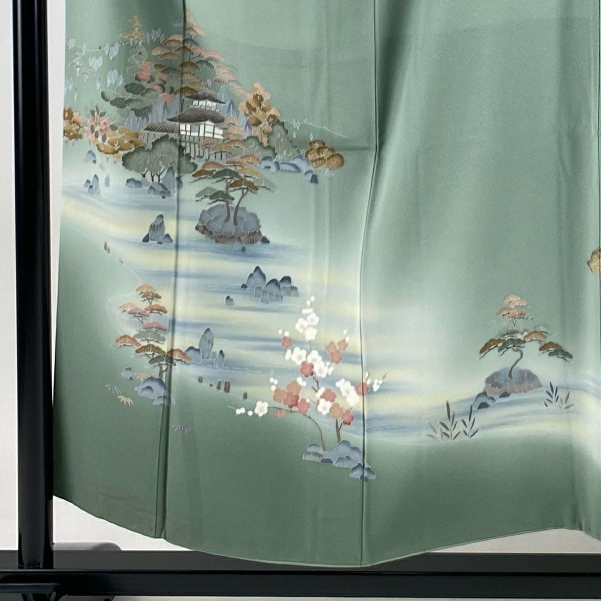【美品】訪問服 身長153cm 袖長63cm S 雙層 落款あり 建物 松樹竹子梅花 漸層 灰綠 純蠶絲 秀品級
