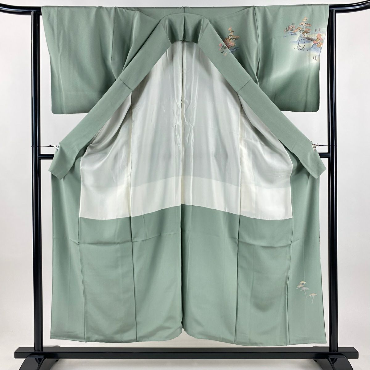 【美品】訪問服 身長153cm 袖長63cm S 雙層 落款あり 建物 松樹竹子梅花 漸層 灰綠 純蠶絲 秀品級