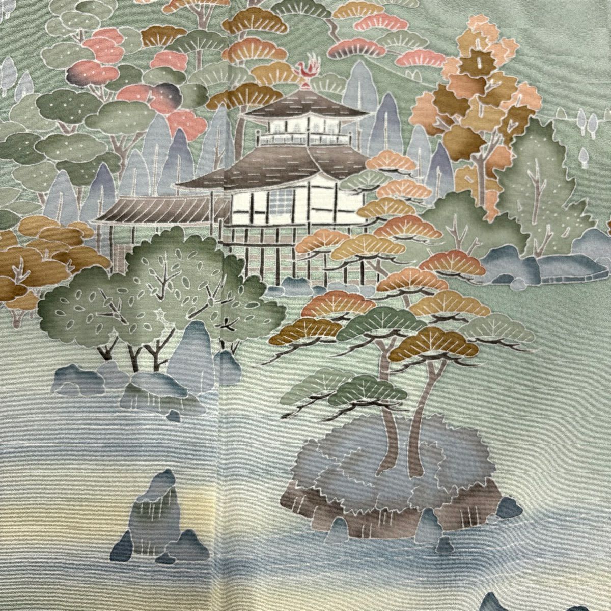 【美品】訪問服 身長153cm 袖長63cm S 雙層 落款あり 建物 松樹竹子梅花 漸層 灰綠 純蠶絲 秀品級