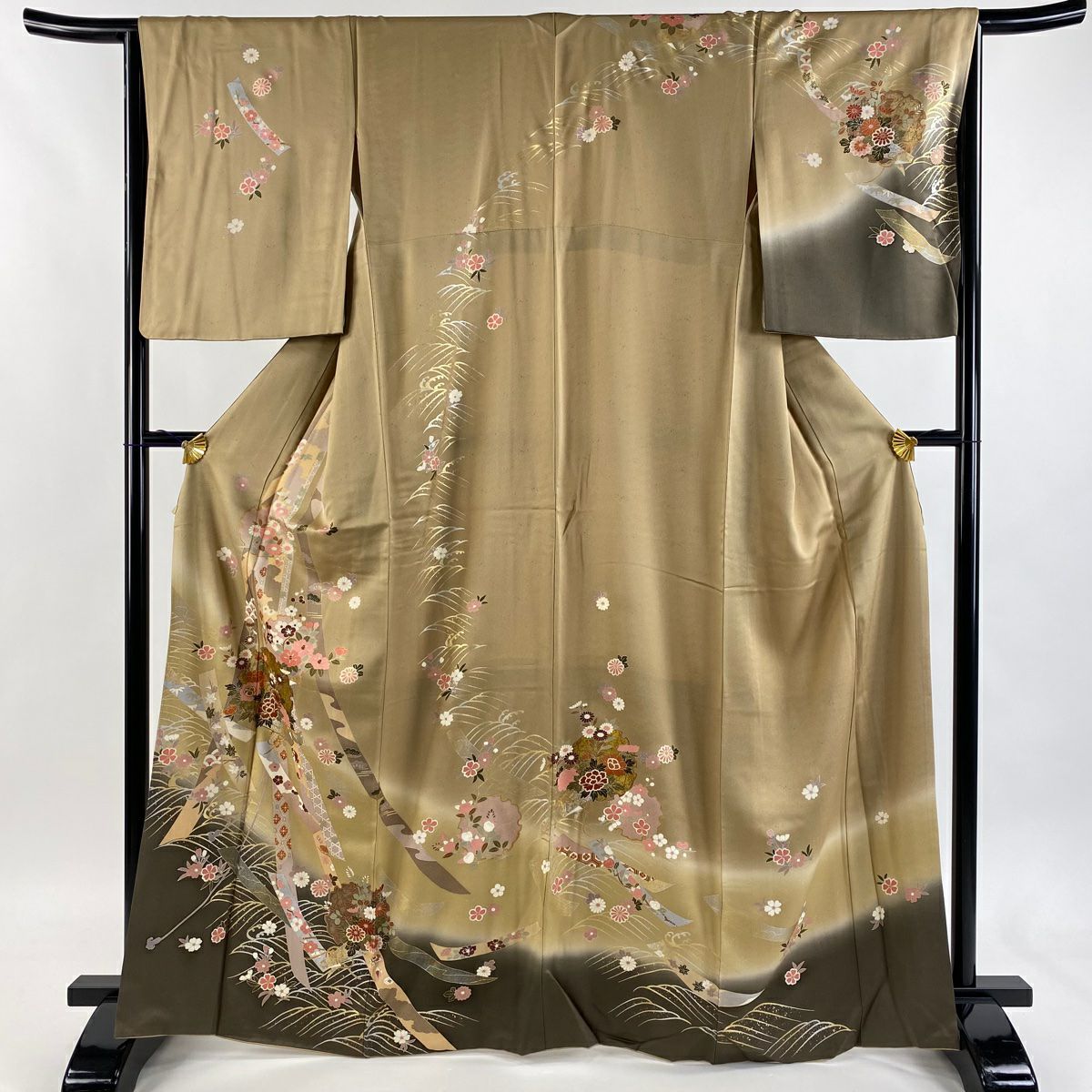 訪問服 身長167cm 袖長65.5cm M 雙層 草花紋紋 熨斗紋 金銀彩 漸層 淺茶 純蠶絲 優品級