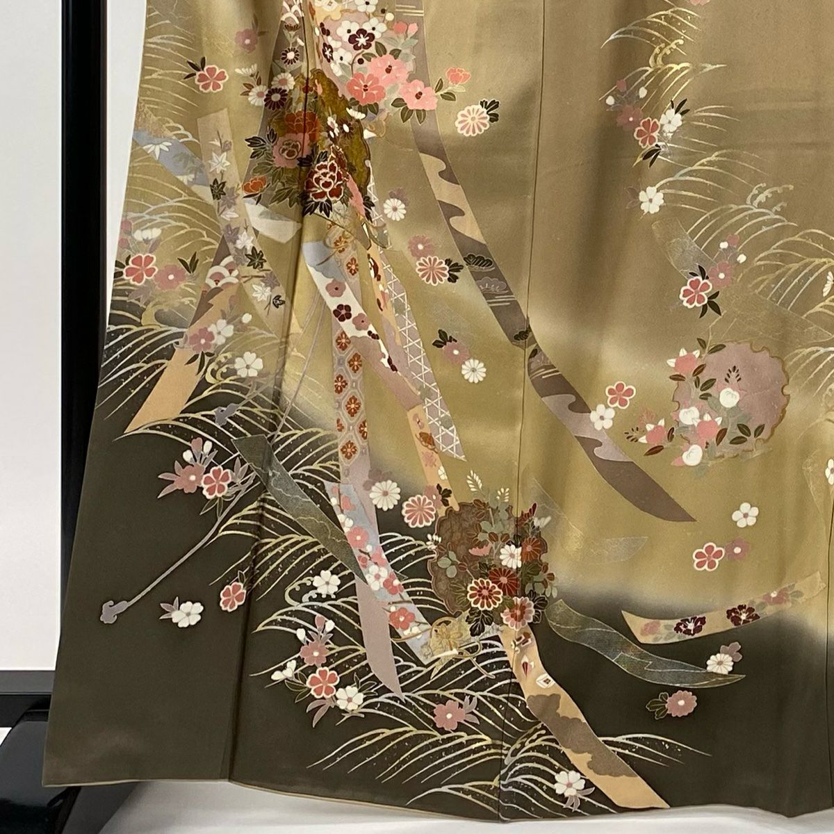 訪問服 身長167cm 袖長65.5cm M 雙層 草花紋紋 熨斗紋 金銀彩 漸層 淺茶 純蠶絲 優品級