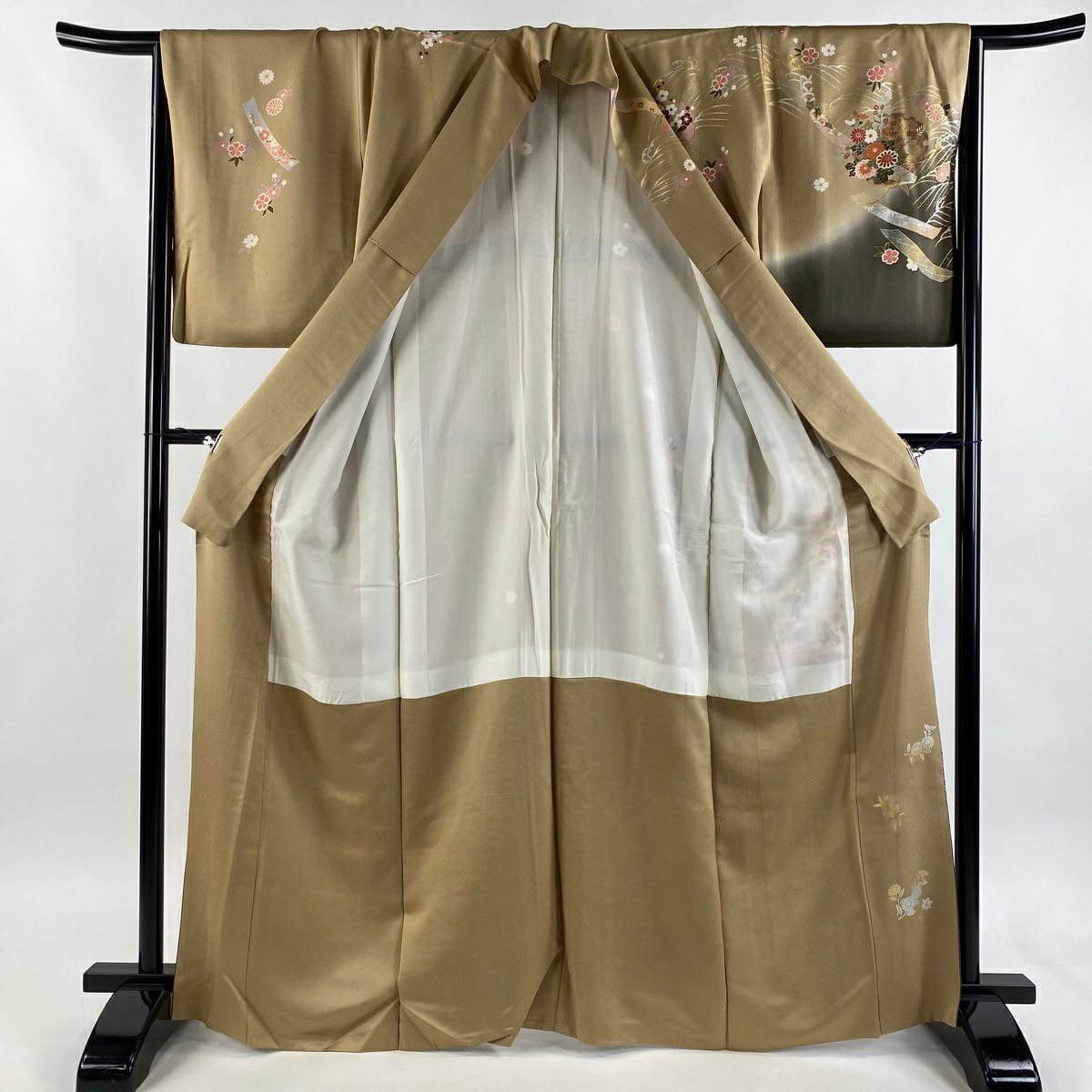 訪問服 身長167cm 袖長65.5cm M 雙層 草花紋紋 熨斗紋 金銀彩 漸層 淺茶 純蠶絲 優品級