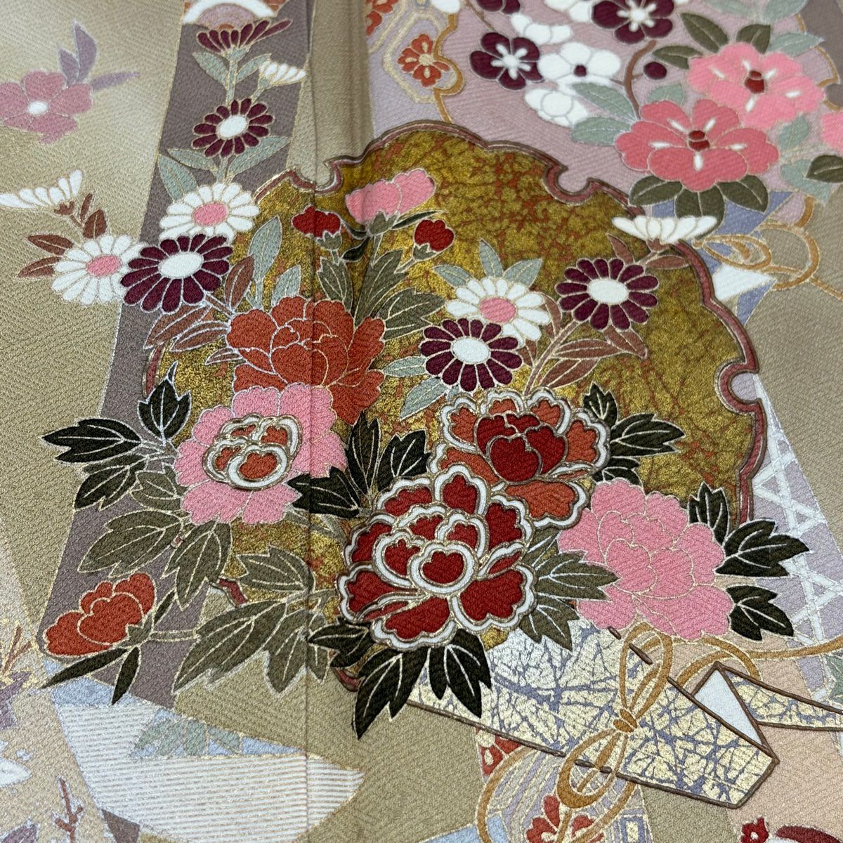 訪問服 身長167cm 袖長65.5cm M 雙層 草花紋紋 熨斗紋 金銀彩 漸層 淺茶 純蠶絲 優品級