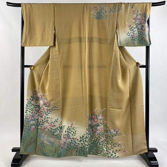 訪問服 身長162cm 袖長68.5cm L 雙層 草花紋紋 雉 複色 薄茶 純蠶絲 秀品級